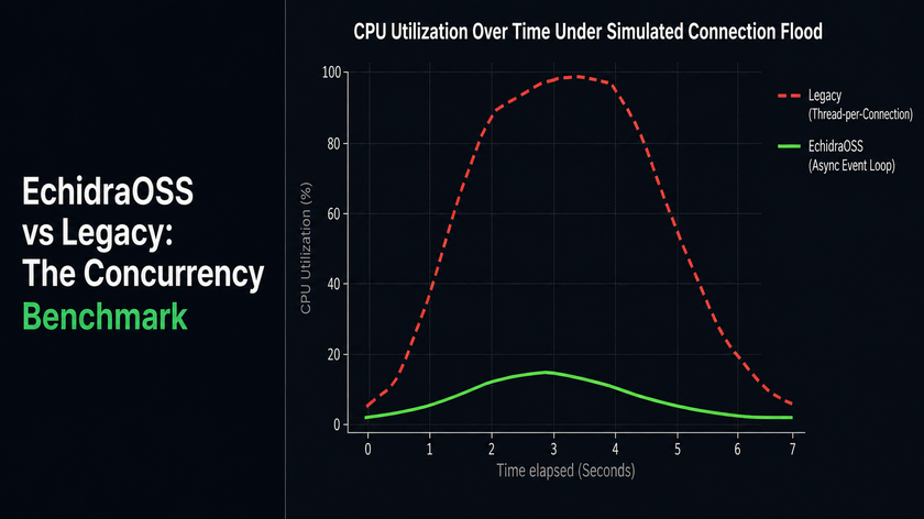 EchidraOSS vs legacy honeypot architecture: concurrency benchmark comparing async event loop CPU utilization against thread-per-connection under a connection flood